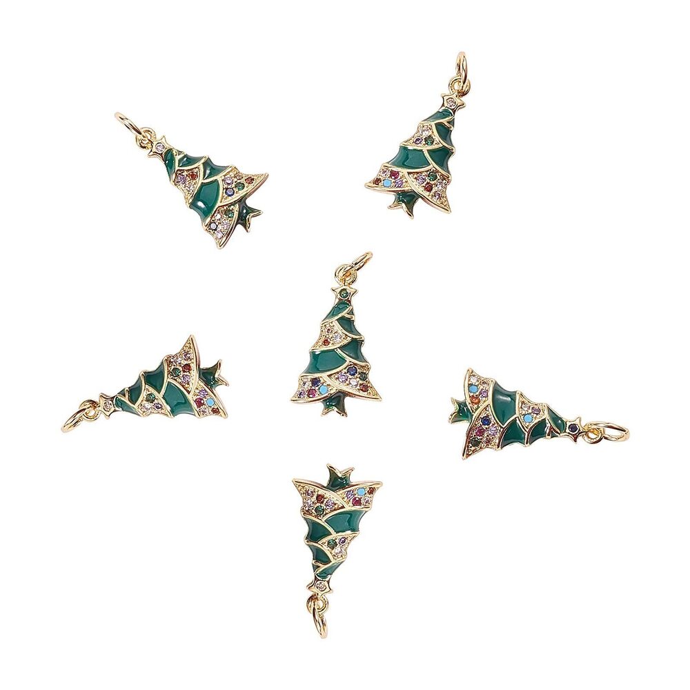 8836 10 Pcs Green Christmas Tree Enamel Charm Brass Small Pendants